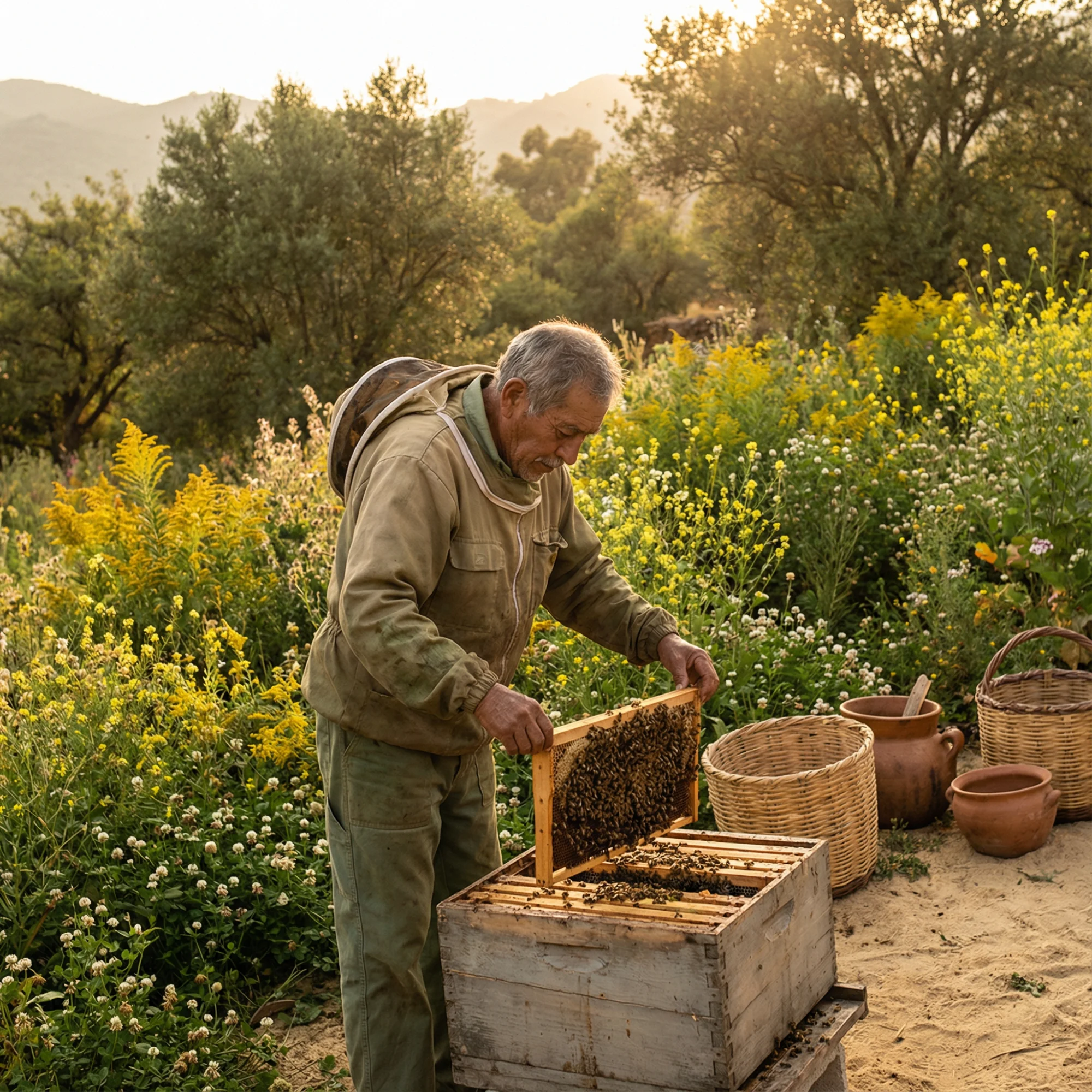 Apicultor mexicano trabajando con colmenas